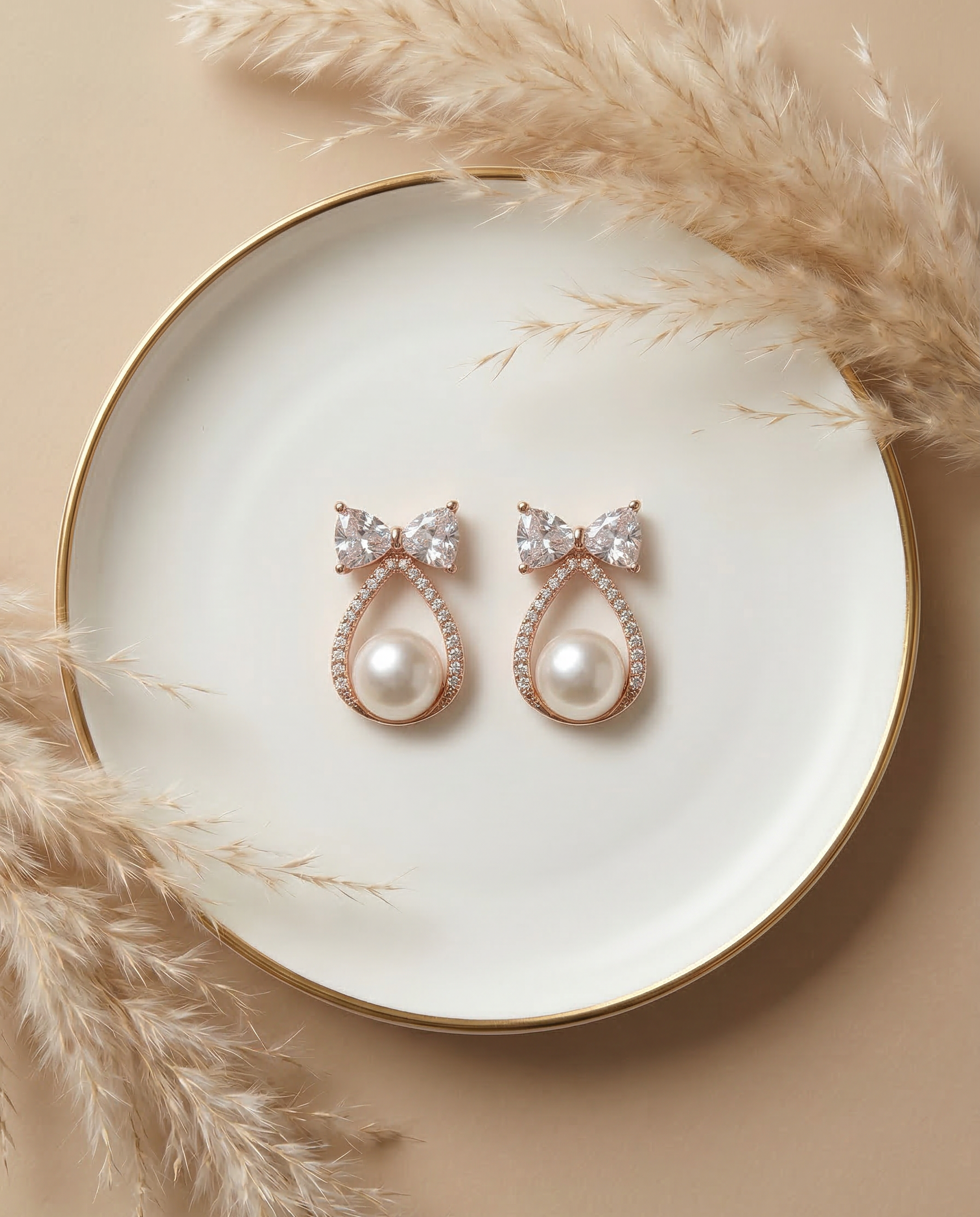 Pearl Bow Drop Earrings in Rose Gold Finish