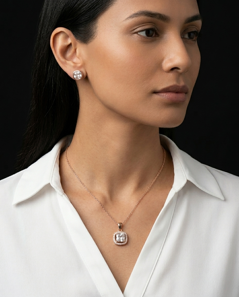 Cushion Halo Crystal Pendant Necklace Set