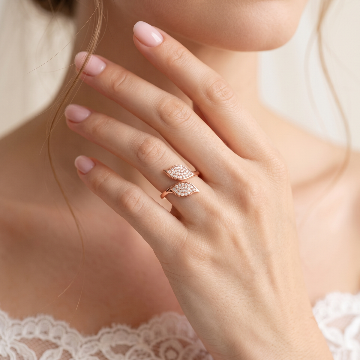 Arica Jewels Rose Gold Pavé Twin Leaf Open Ring