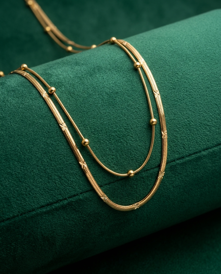 Dual Strand Beaded Gold Chain Necklace