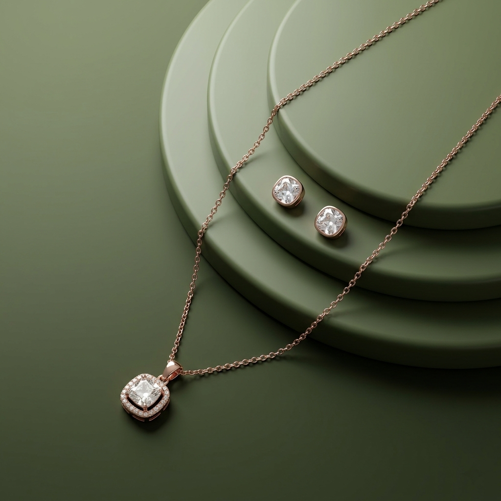 Cushion Halo Crystal Pendant Necklace Set